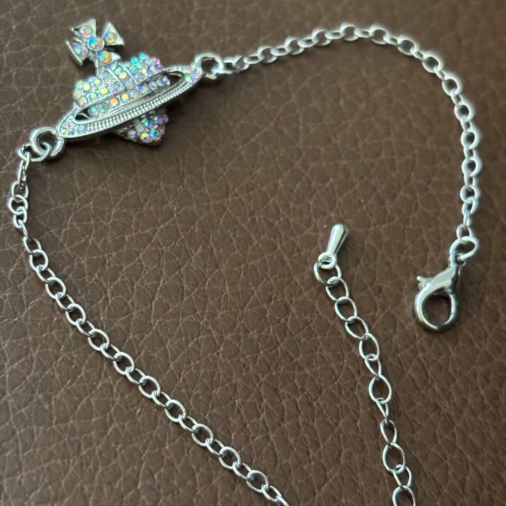Silver Chain Bracelet with Crystal Accents ufo planet Saturn adjustable any size